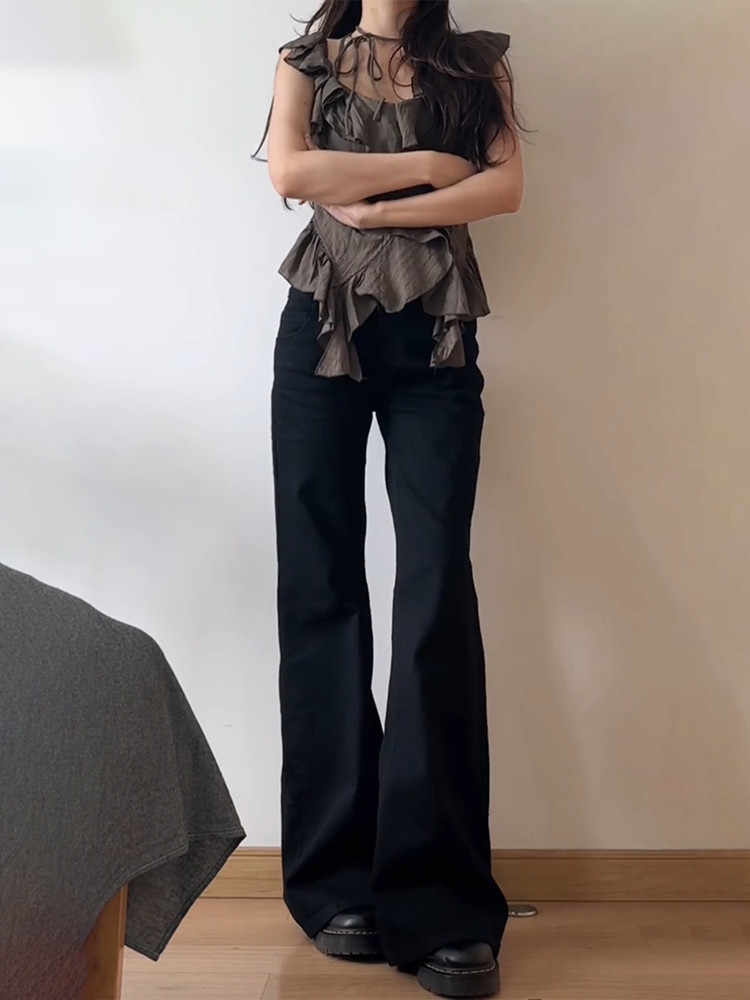 女性の低層フレアデニムパンツ、ベルボトムパンツ、kpop grungeスタイリッシュ、日本原宿、ブラックy2kジーンズ、2000s kpop