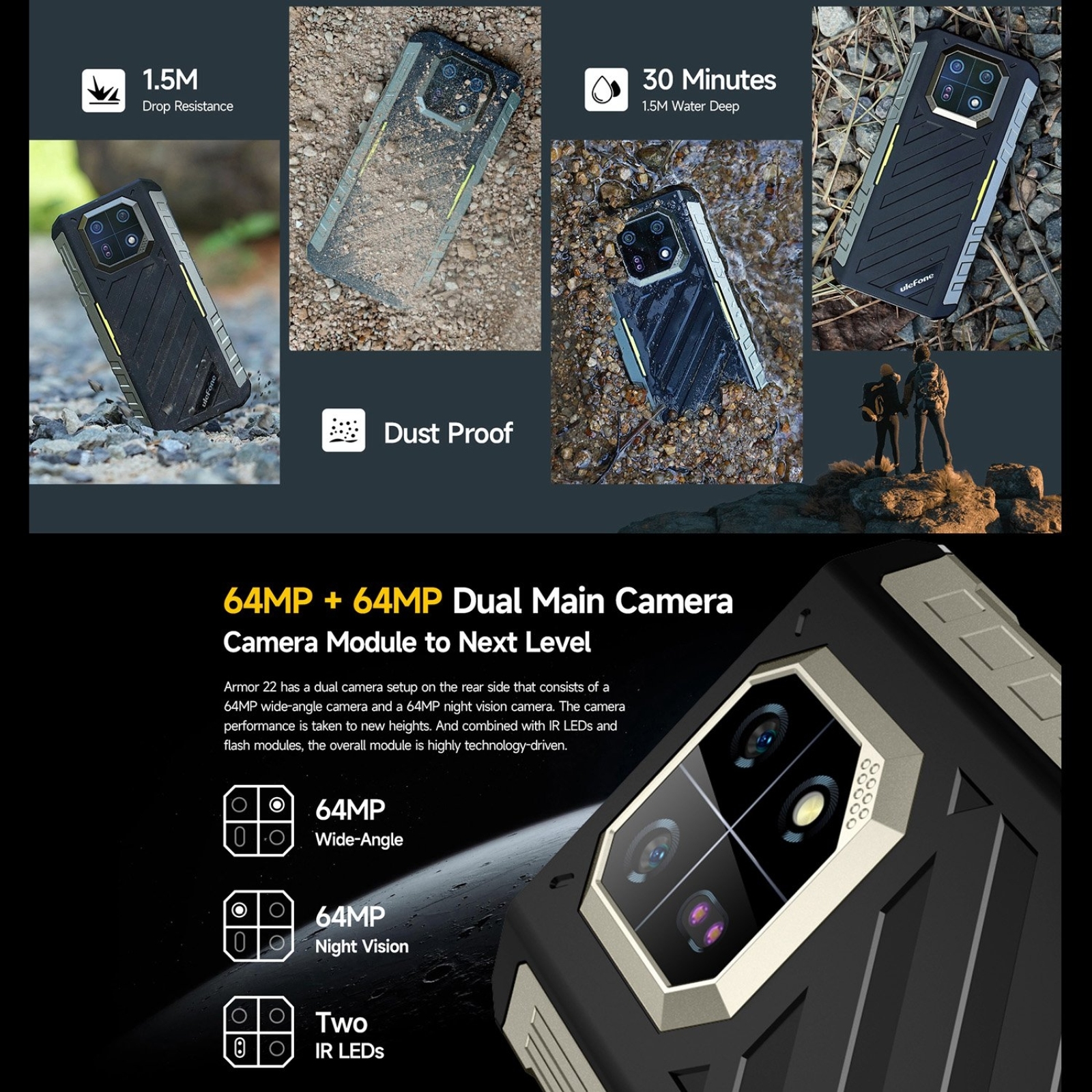 Ulefone Armor 22 Android 13,16GB (8+8GB RAM ),128GB/256GB ROM, 6.58" 120Hz ,6600mAh 33W,NFC,64MP Night Camera, Global Version