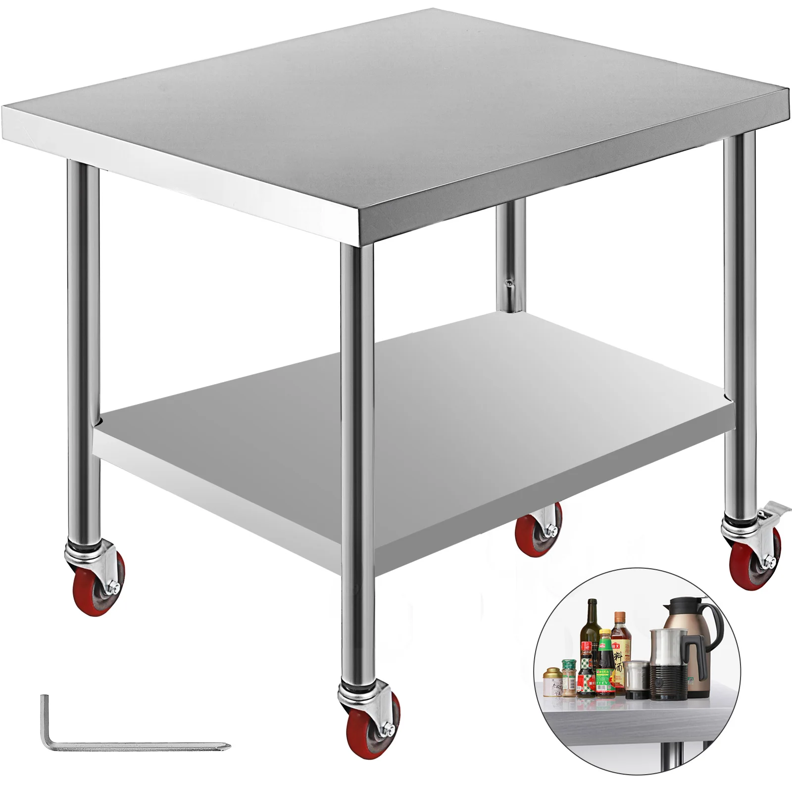 VEVOR Arbeitstisch 61 x 30 x 81 cm Edelstahl Catering Arbeitstisch Belastbarkeit 150 kg, Lebensmittel Zubereitungstisch mit Nachlauf Gewerbliche Arbeitstisch für Küche Bar 4 verstellbare Füße