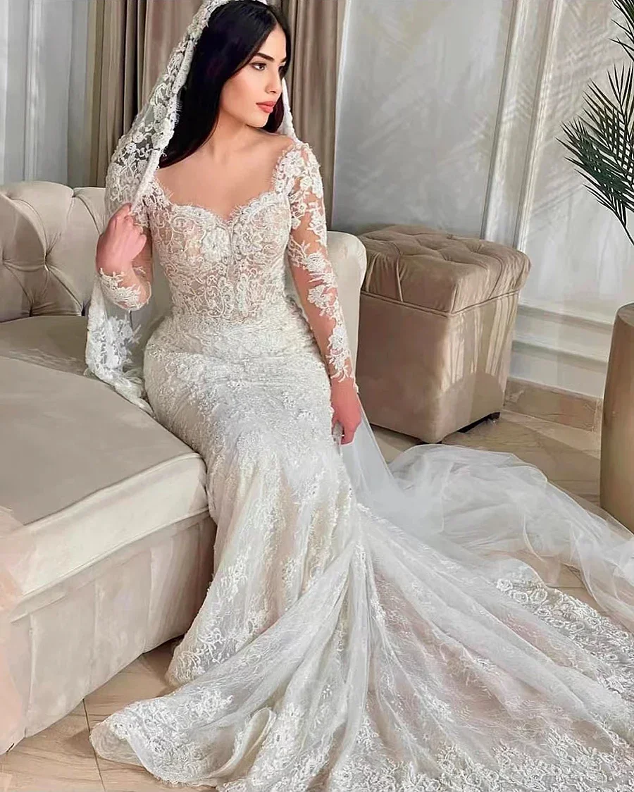 Customized Luxury Mermaid Wedding Dresses 2025 Detachable Train Romantic Lace Long Sleeve Bride Dresses For Vestidos De Novia
