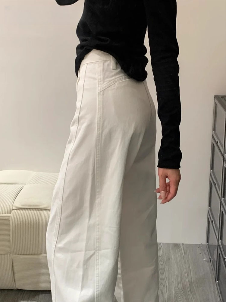 Calças Jeans Casuais de Perna Larga Brancas Fenas Plus Size Cintura Alta Americana Modelagem Retas Moda de Outono Ajuste ...