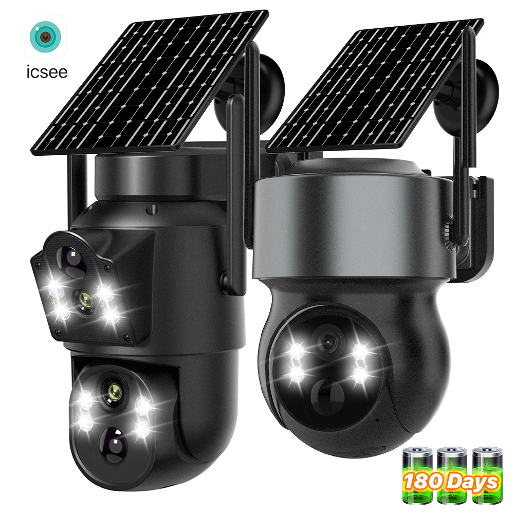 4MP Wireless Outdoor 7.6W Doppia lente Batteria incorporata Telecamera solare 1080P 5W Lungo tempo di standby PIR IP Telecamera solare di sicurezza iCsee
