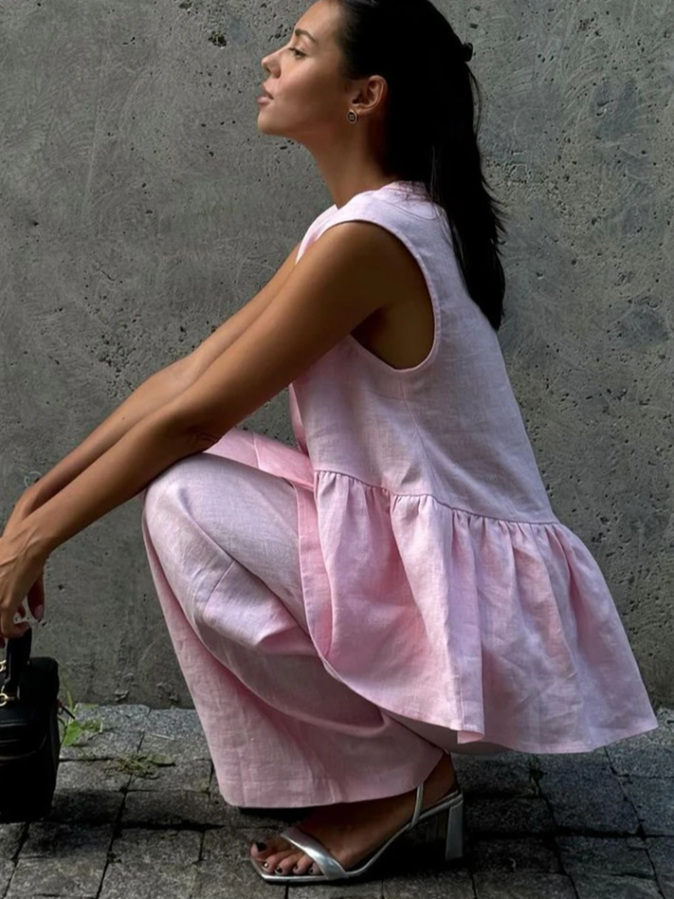 Solto rosa algodão linho 2 peça conjunto feminino verão chique outfit 2025 nova moda sem mangas regata com cintura alta calças largas conjunto