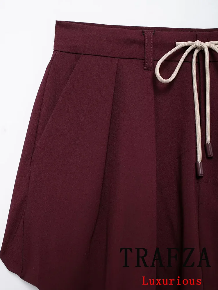 Trafza vintage casual chique borgonha vermelho feminino terno turn-down colarinho com zíper jaqueta cordão mini saia moda 2024 primavera terno