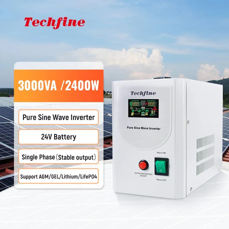 Techfine UE Venta caliente CC a CA inversor de potencia de buena calidad voltaje de reinicio automático monofásico 24V 48v 1KVA 1.5KVA 3KVA UPS doméstico
