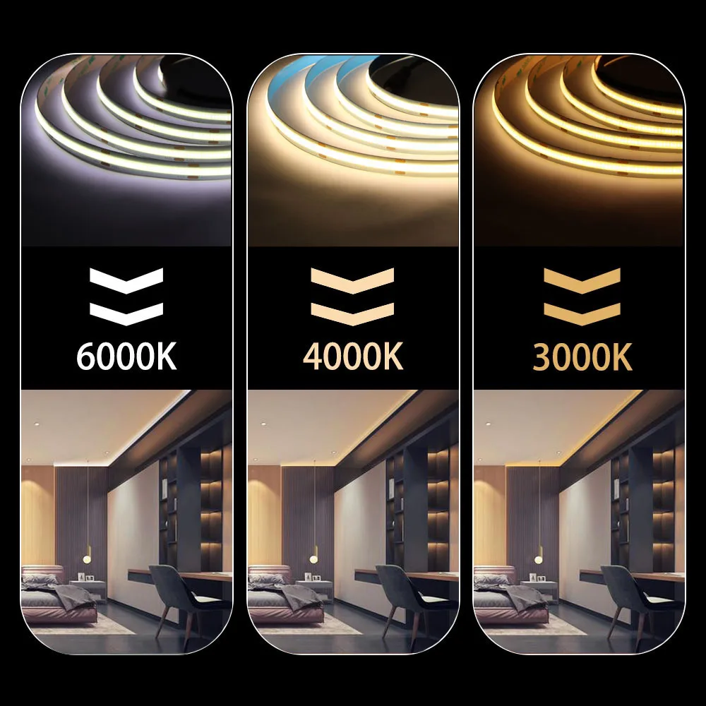 COB LED Strip Light ความหนาแน่นสูง Linear Lighting 480/528 LEDs/M เทปยืดหยุ่นธรรมชาติสีขาวสีแดงสีฟ้าสีเขียว Decor DC12/24V