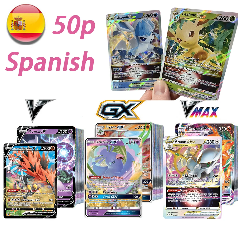 Nuevas cartas de Pokémon en español Vstar TAG TEAM GX VMAX V Trainer juego de cartas brillantes de energía Castellano Español juguete para niños