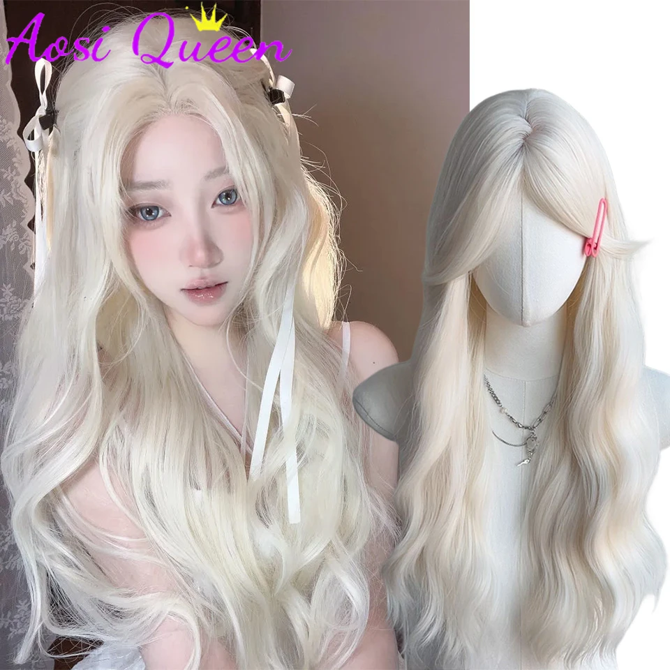 AOSI  Long Body Wave White Gold Cosplay Wigs Heat Resistant Synthetic Wigs Bangs Natural Lolita Wigs For Women