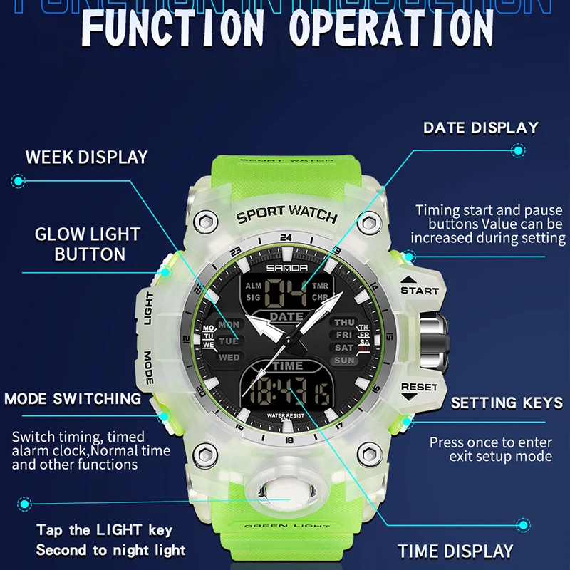SANDA-reloj electrónico de lujo estilo G para hombre, cronógrafo Digital analógico LED para deportes al aire libre, pantalla Dual militar, resistente al agua hasta 50M