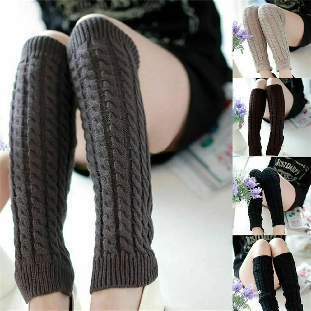 Vintage mujer señoras invierno cálido largo Crochet tejido Cable calentadores calcetines de pierna mallas térmicas cubierta de bota
