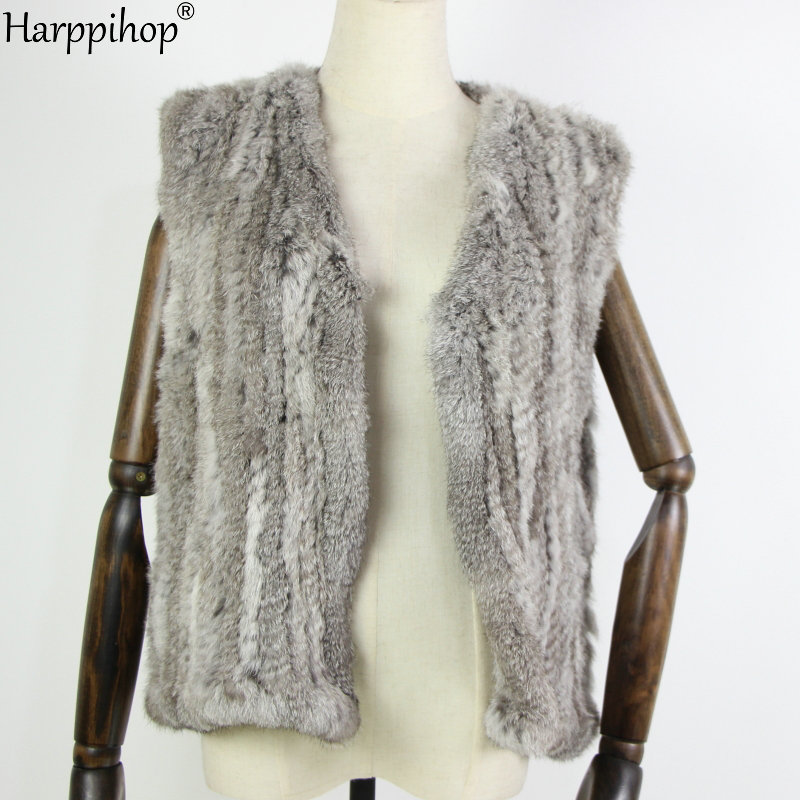 Nova malha de pele de coelho colete gilet sem mangas vestuário colete natural marrom/cinza/preto