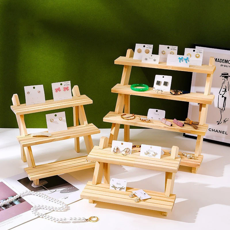2-4 Tier Ear Stud Holder Wooden Jewelry Earring Dispaly Stand Shelf Cupcake Makeup Mini Figure Organizer Showcase Rack Riser