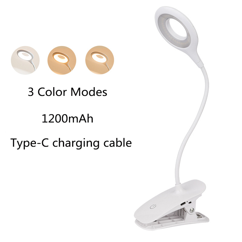 Circular Clip Small Table Lamp Rechargeable Bedside Lamp 3 Modes Dimmable Reading Night Light LED Desk Lamp