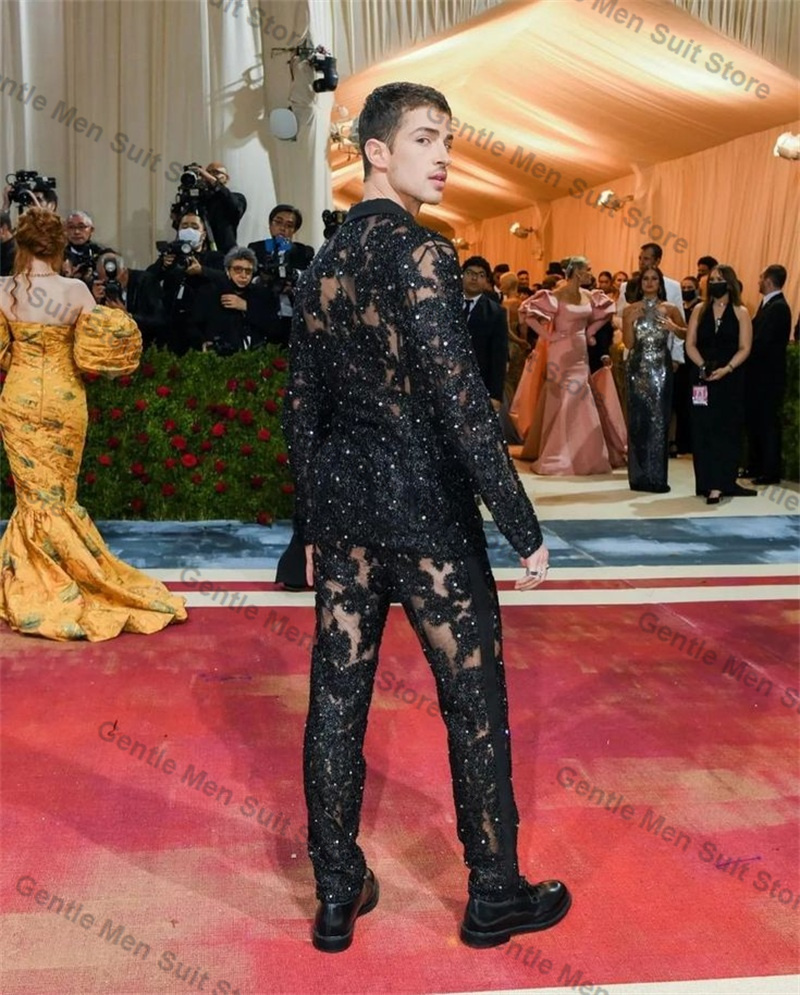 Luxury Black Sequins Men Suits Pant 2 Piece Blazer+Trouser Wedding Tuxedo Male Prom Coat Customized Formal Office Jacket