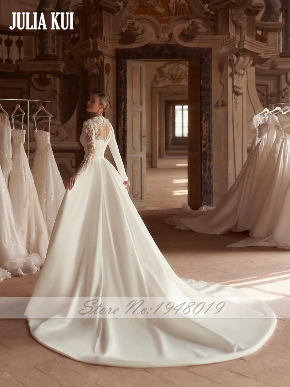 Julia Kui Abiti da sposa 2 in 1 su misura Abiti da sposa a tromba con applicazioni di eleganza e pieghe in pizzo