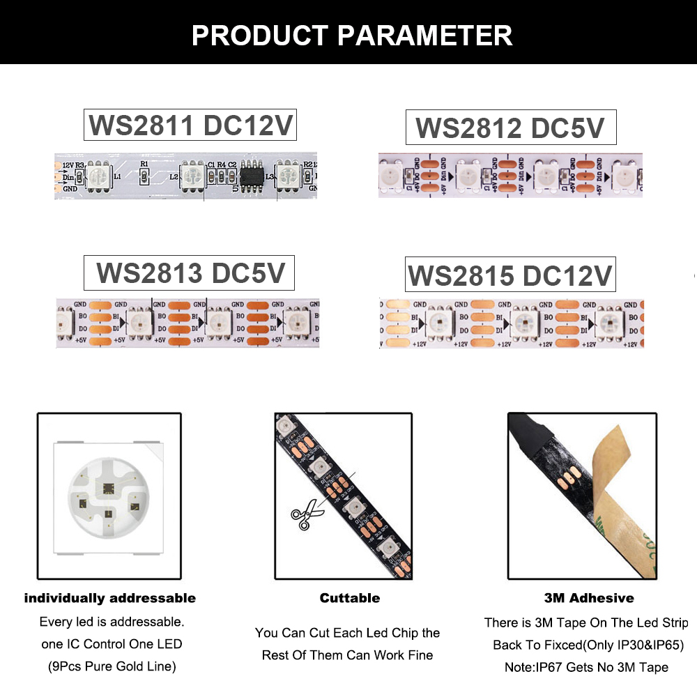 WS2811 WS2812B WS2813 WS2815 5050RGBIC Smart LED Strip Lights Individually Addressable IC  30/60/144Pixels/Leds/m Light DC5V/12V