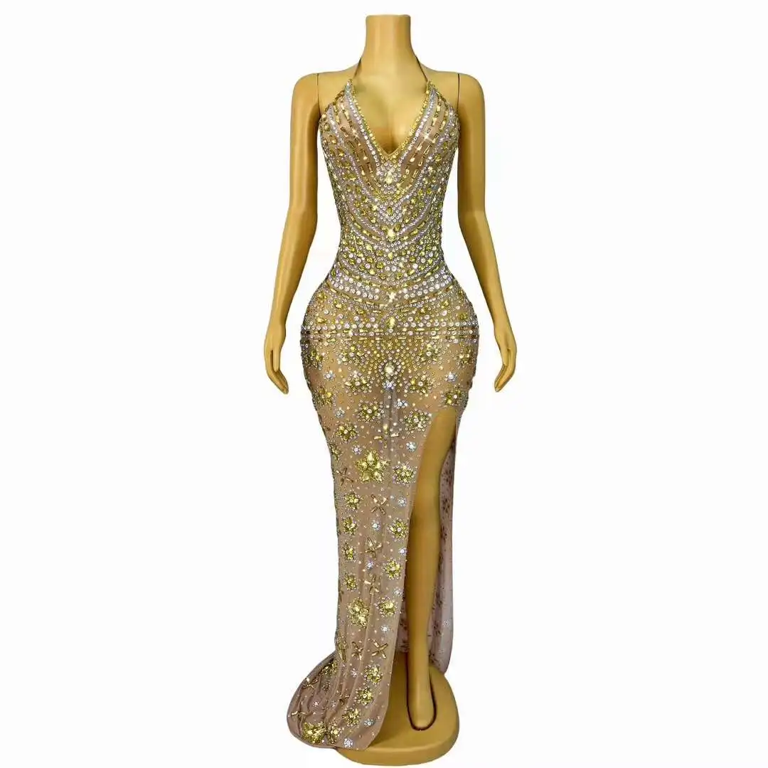 Vestido largo dividido de diamantes de lujo para mujer, vestidos de fiesta de noche, colección de cristales Sexy, Xiaoxianghua, celebración de cumpleaños