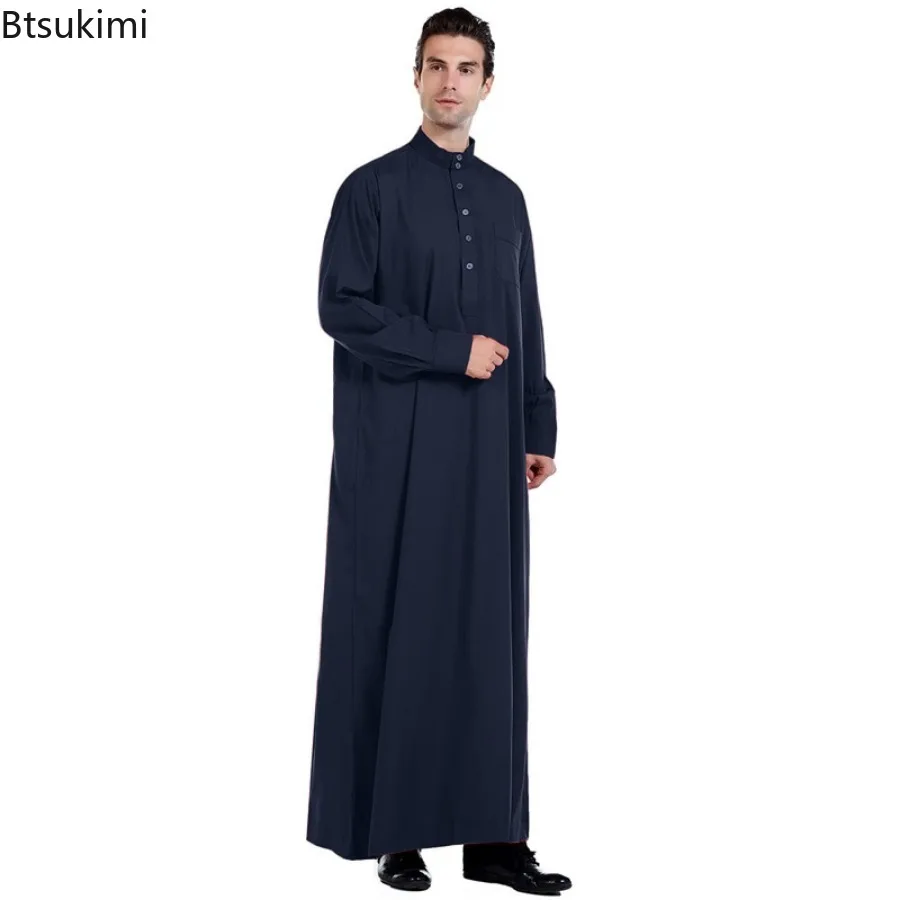 2025 イスラム教徒のファッションアバヤ男性のための無地長袖カフタンスタンドカラーローブトーブ Jubba Dishdasha Thawb イスラム服
