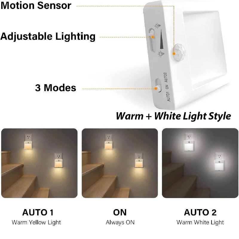 Bewegingssensor Nachtverlichting met US EU UK AU-stekker Dimbare LED Warm wit Omgevingslicht 2-in-1 Slaapkamer Woonkamer Toilet Trap