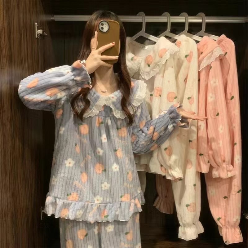 Cartoon Frauen Pyjamas Warme Flanell Nachtwäsche Pyjama Sets Mädchen Pyjama Set Anzug Hose Hause Koreanische Pfirsich Schlaf Spitze Nachtwäsche