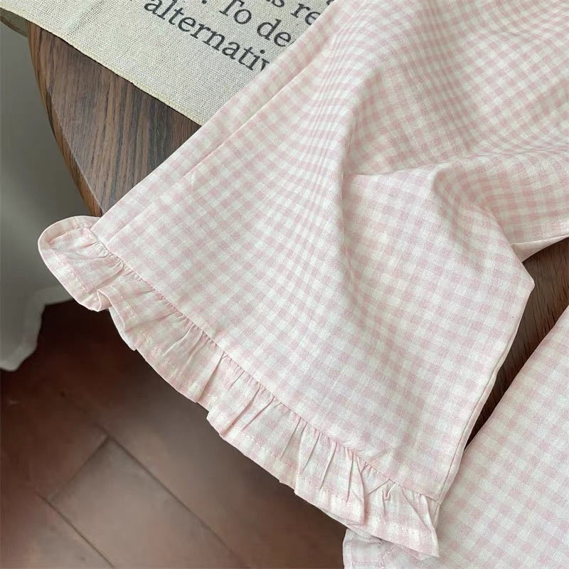 Комплекты детской одежды Топ с короткими рукавами и бантом + клетчатые широкие брюки Комплекты из 2 предметов Детская одежда для девочек Одежда для маленьких девочек