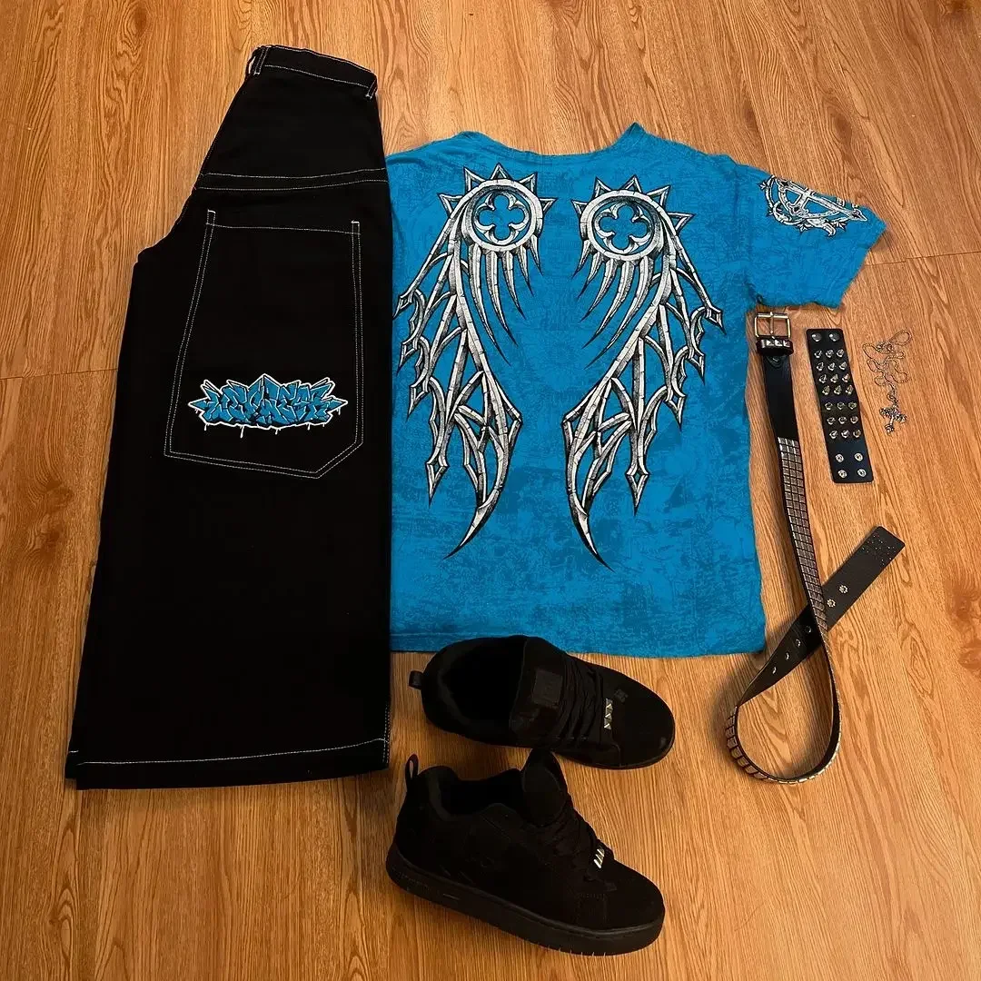 Wexwear und Tapout Y2K Jeans Trainingsanzug T-Shirt für Männer Streetwear Harajuku Schwarzer Skateboard-Hosenanzug Grafik bestickte Jeans