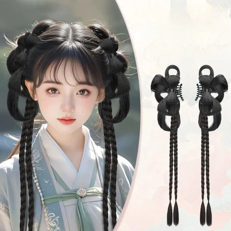 Estilo antigo hairpin tranças sintéticas peruca feminina hanfu estilo integrado antigo traje cocar