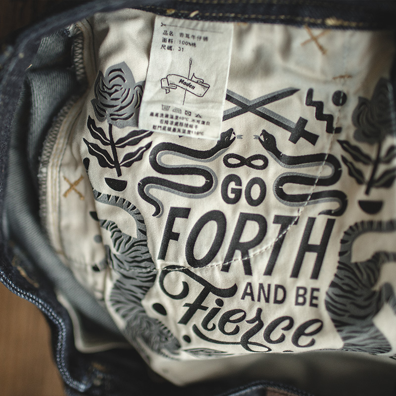 Maden Workwearผู้ชายอเมริกันVINTAGEตรงBarrel 14.oz DENIMสีแดงหูOriginalวัวฤดูใบไม้ผลิฤดูใบไม้ร่วงAmekaji Darkกางเกงยีนส์