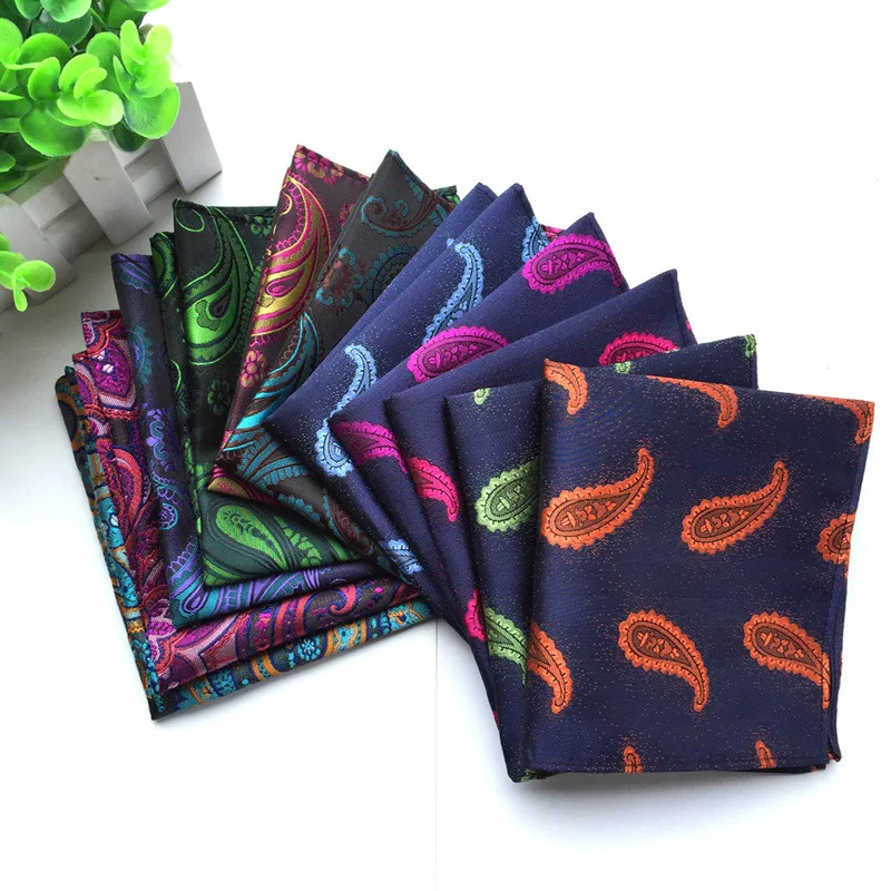 Advanced Feeling Elegant 25CM Handkerchiefs Cashew Flower Polyester Hanky for Best Man Party Groomsman Wedding Pocket Square