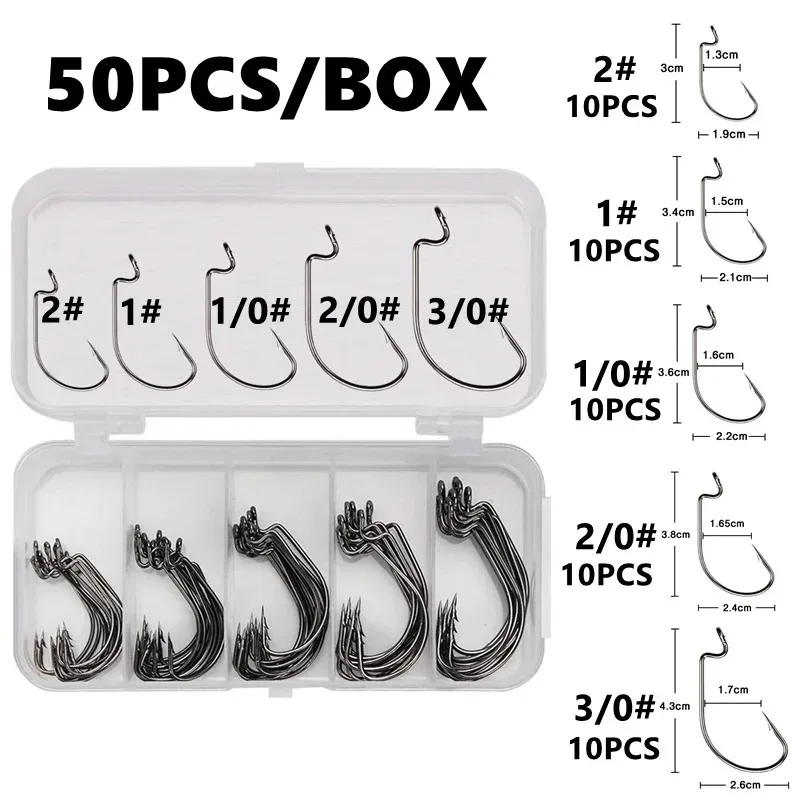 50 ชิ้นกล่องตะขอตกปลาชุด Jig Crank ตะขอหนามสูงคาร์บอนสแตนเลสกว้าง Gap Offset Fishhook Soft Worm Sea Hook Tackle