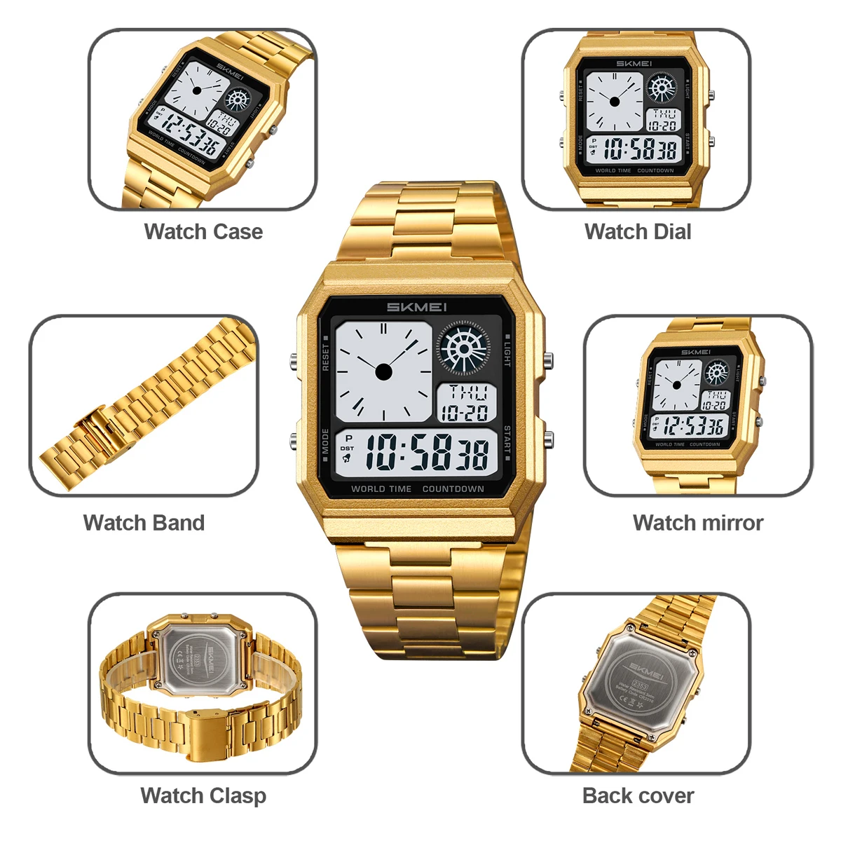 Reloj electrónico Digital SKMEI World Time para Hombre y mujer, relojes de pulsera con tira de acero inoxidable resistentes al agua para deportes al aire libre, Reloj para Hombre
