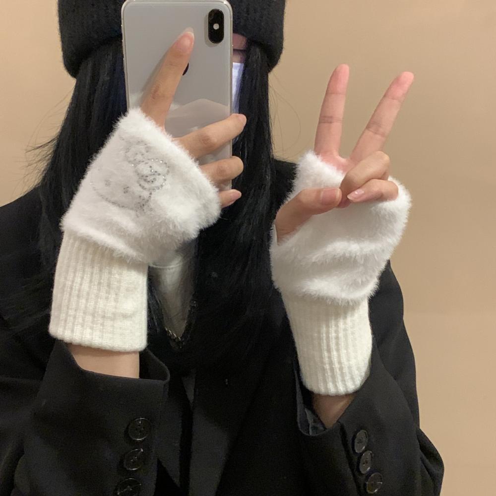 Kt Anime Sanrios süße Hello Kitty Plüsch Halbfingerhandschuhe Cartoon Kawaii Fliege weich verdicken warmer Schutz vor kalten Studenten