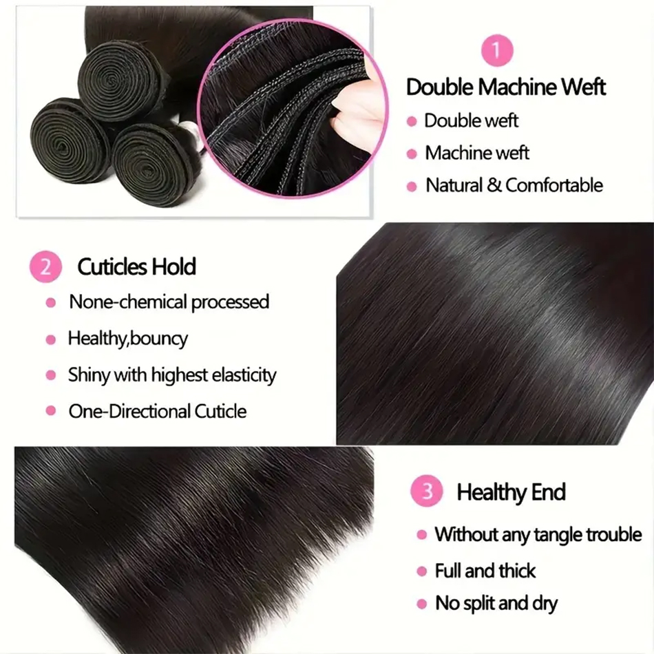 Extensiones de cabello humano originales 12A, extensiones de cabello humano liso brasileño Remy, mechones de 30 pulgadas