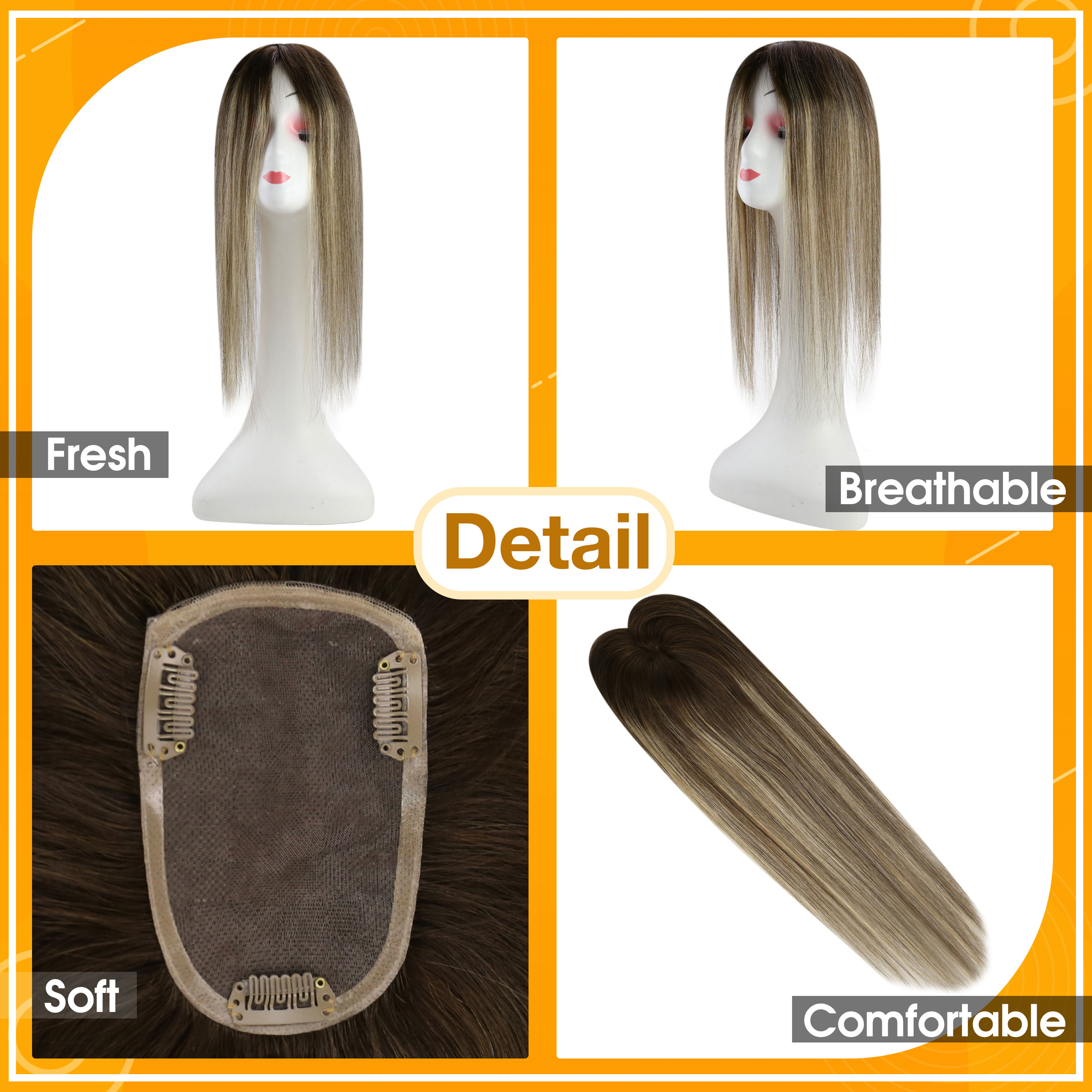 Full Shine Hair Topper Ombre 13*13 ซม.ธรรมชาติสบายชิ้นพร้อมคลิป 100% Breathable MONO สําหรับผู้หญิง