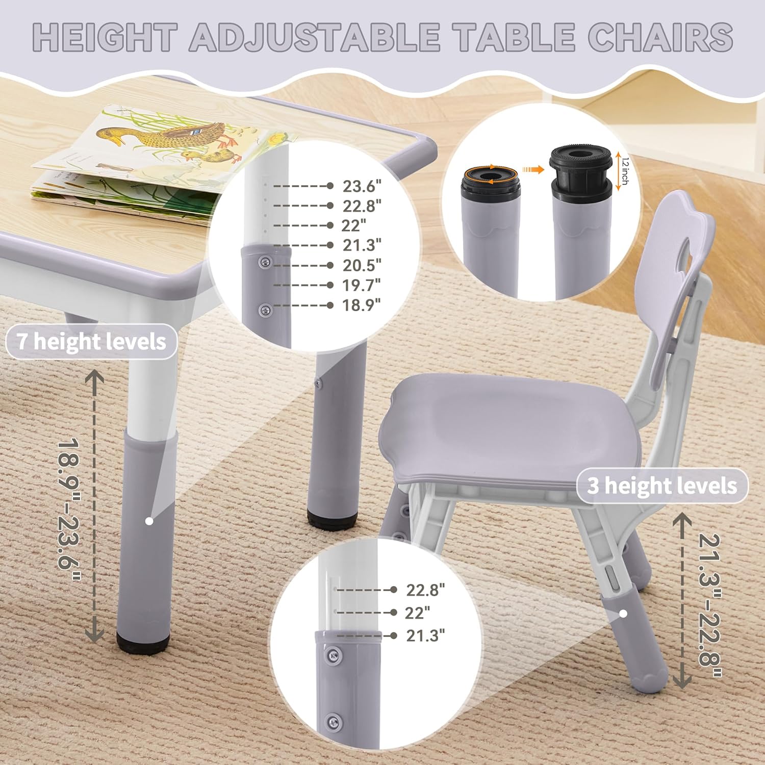 Study Table and Chairs Set, Height Adjustable Toddler Table and Chair Set for Kids Ages 3-8, 23.6" L x 23.6" W Graffiti Desktop