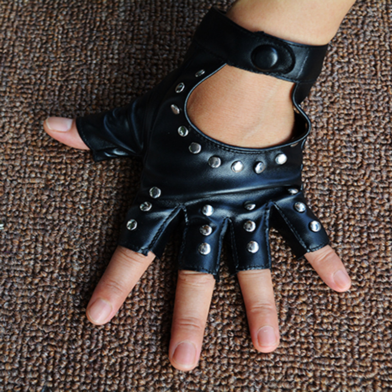 Women Punk Fingerless Dance Gloves with Studs Black PU Leather Rivets Cosplay Performance Dance Gloves Sexy Cool Riding Gloves