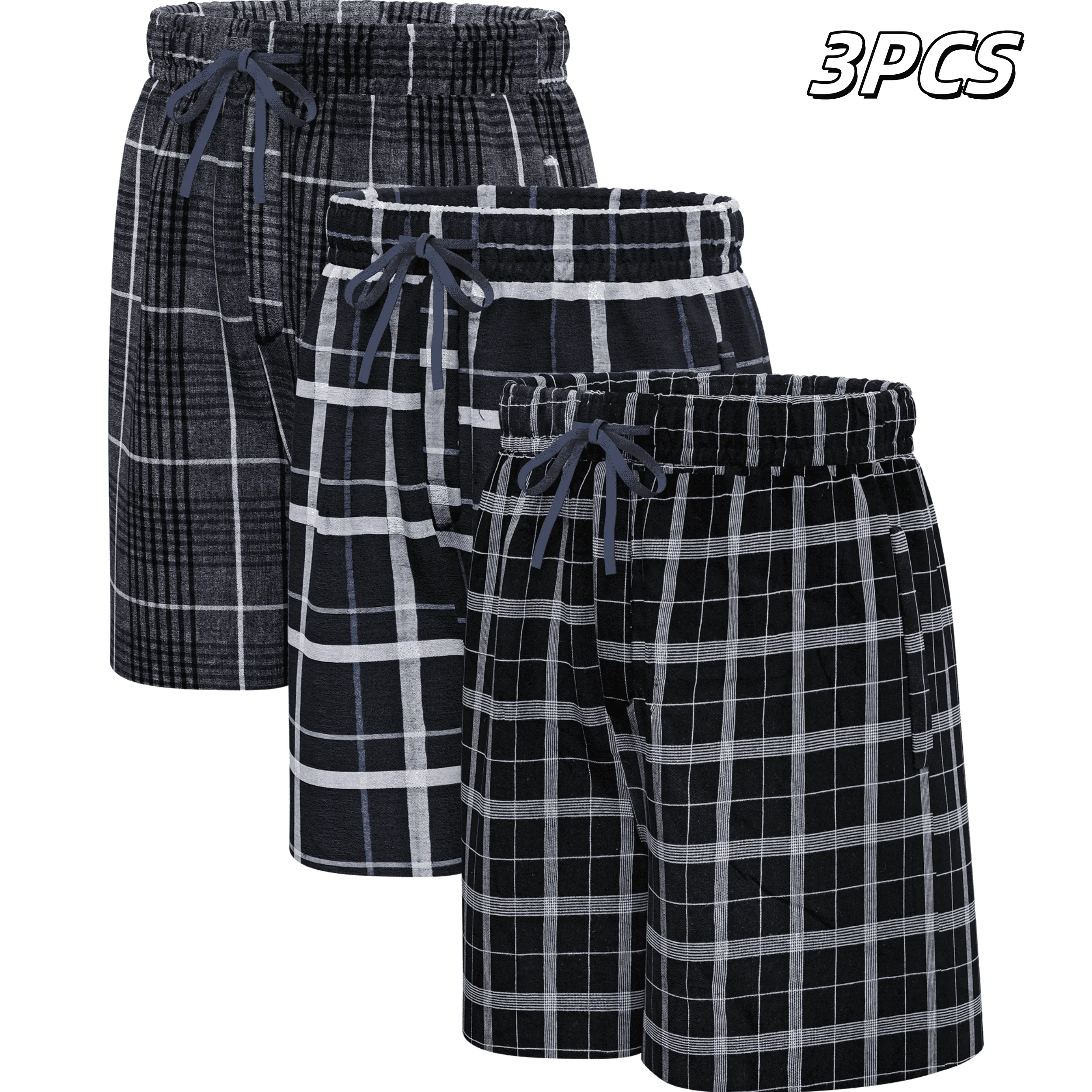 3 peças calças de pijama masculinas tecido 100% algodão clássico xadrez shorts pijamas casuais confortáveis com botão e bolsos com cordão