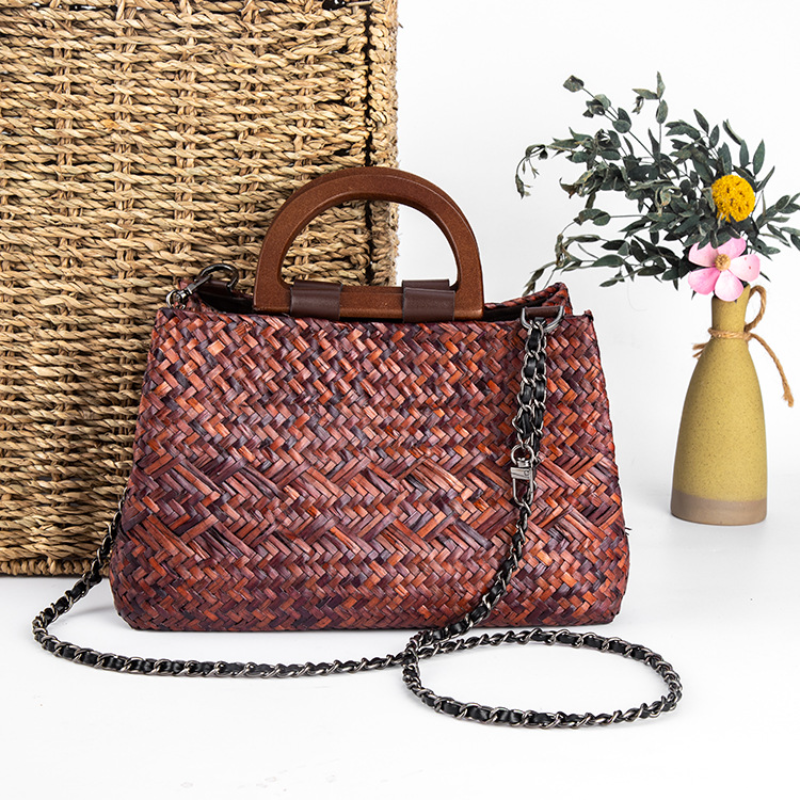 Handheld stro geweven tas strand zomer pastoraal geweven dames Koreaanse versie handtas met houten handvat