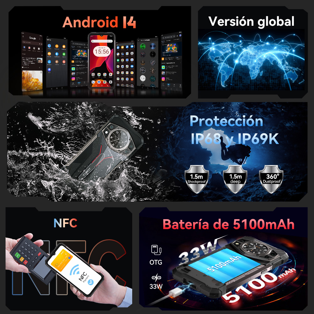 Cubot King Kong AX, Smartphone Android ultradelgado y resistente, Helio G99, 24 GB RAM, 256 GB ROM, pantalla de 120 Hz, 100 MP, NFC, doble pantalla