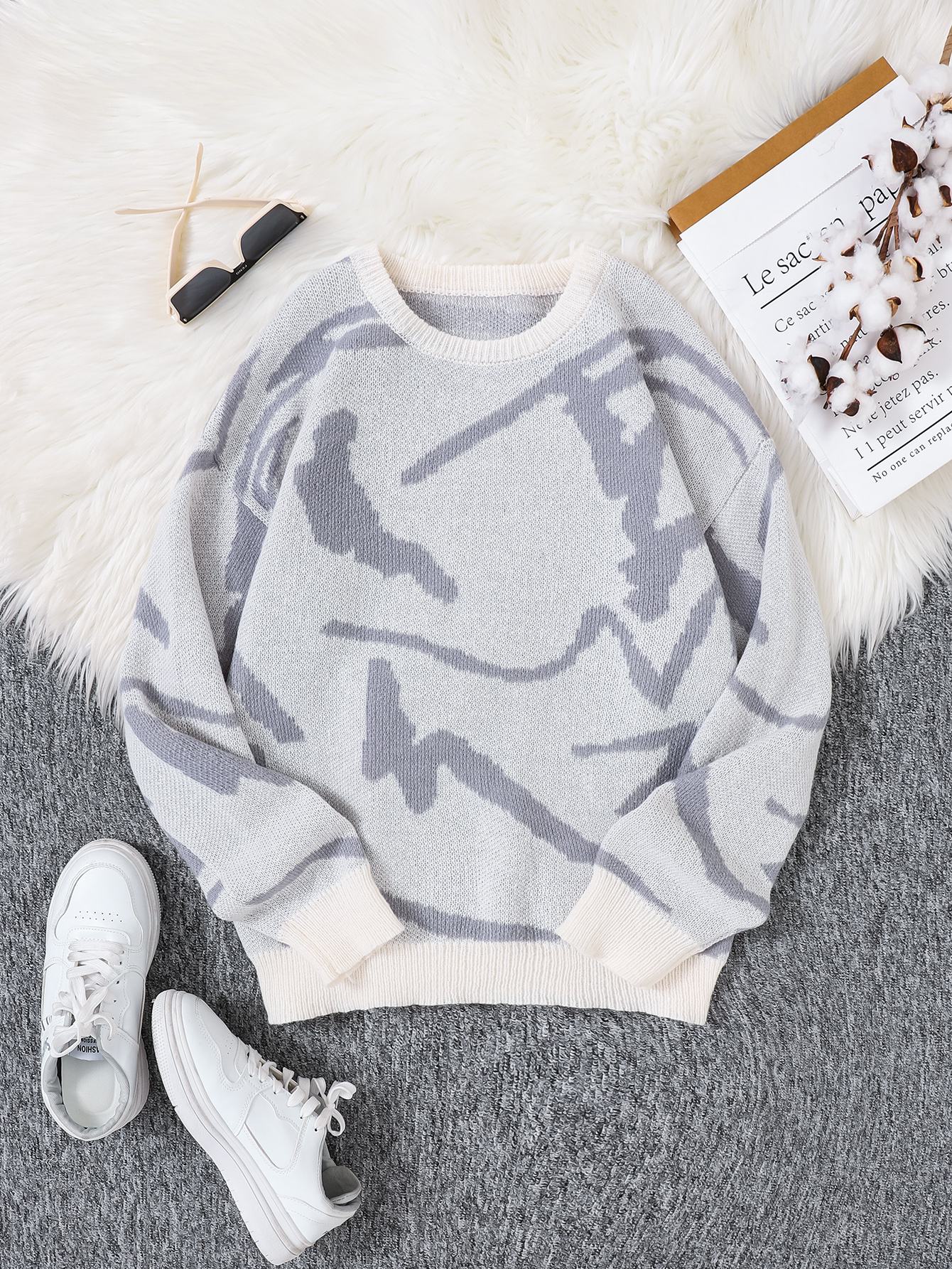 Neue beliebte Frühling Herbst Graffiti Jacquard Muster Pullover Pullover lässig Rundhals ausschnitt Kontrast farbe gestrickt Herren Pullover