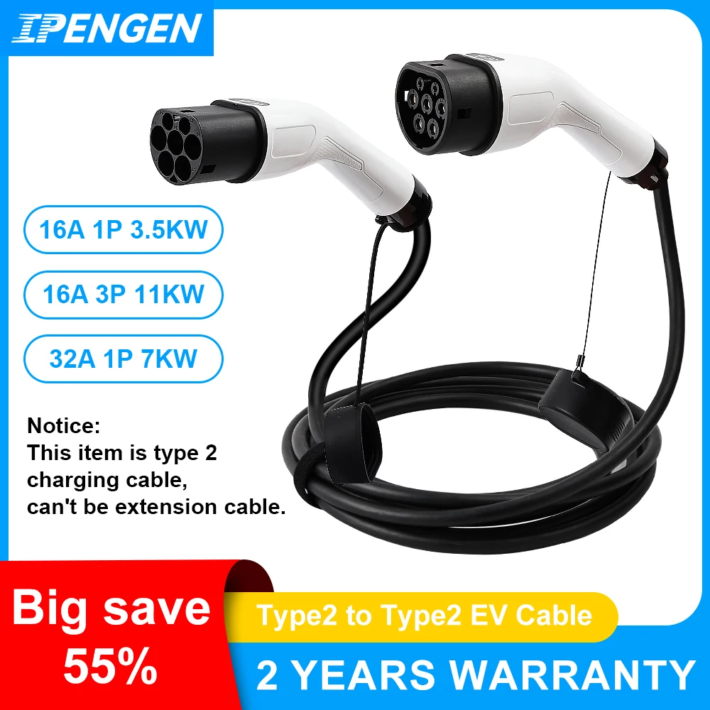 Kabel do ładowania pojazdów elektrycznych IPENGEN 16A 32A 11kW Typ 2 do Typu 2 IEC 62196-2, przewód do ładowania samochodów elektrycznych.