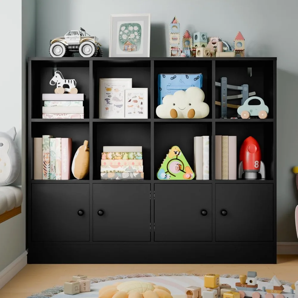 Black Wood Bookcase,12 Cube Storage Organizer Bookshelf with 4 Doors,3 Tier Storage Cabinet with Adjustable Shelves for Bedroom