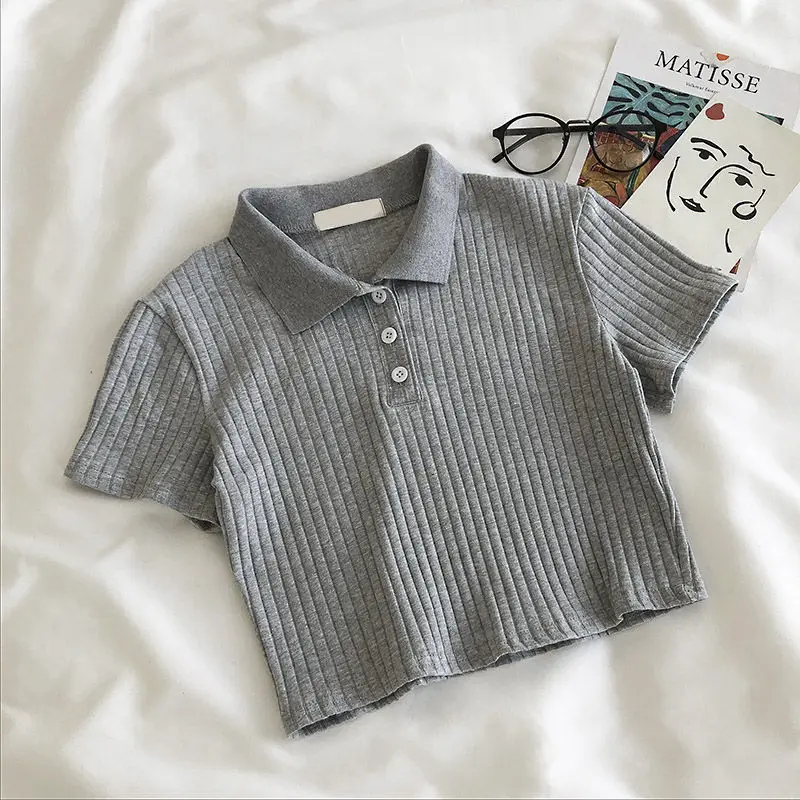 ผู้หญิงถักโปโลคอ Cropped เสื้อฤดูร้อนแขนสั้นอ่อนเยาว์สีทึบ Crop Top หญิง Basic เสื้อ Lady Pullover