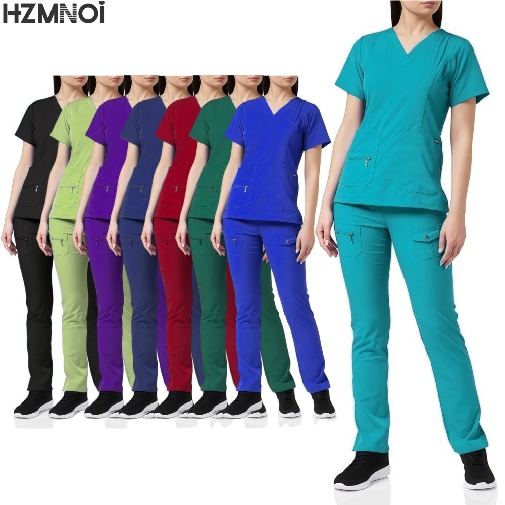 Komplety spodni Krótki rękaw Top Scrub Jednolity kolor Szlafroki chirurgiczne Akcesoria medyczne Manikiurzystka Kosmetyczka Pielęgniarka Komplety scrubs damskie
