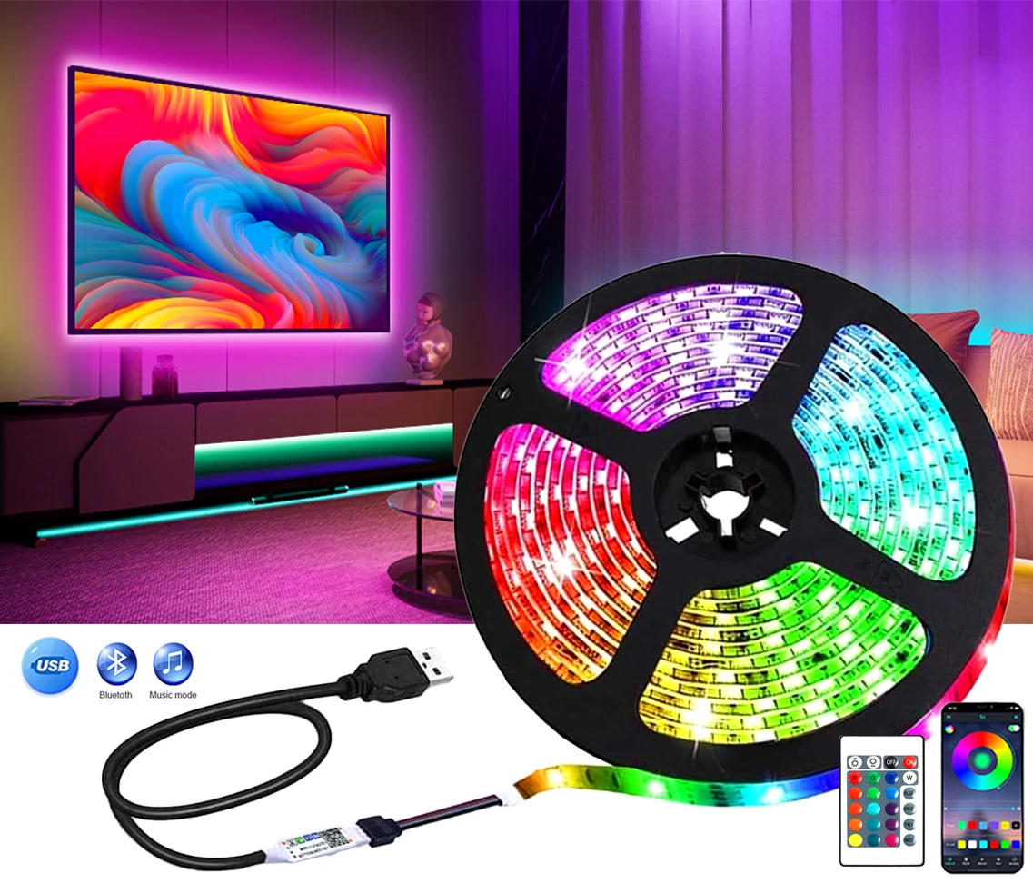 5V low-voltage LED strip, RGB color-changing LED strip remote controller Bluetooth-compatible smart LED lights,。