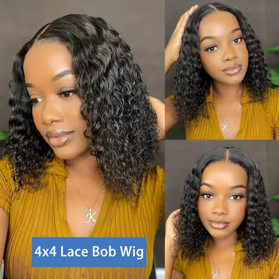สั้นBobวิกผมDeep Wave 13X4 4X4 ลูกไม้ด้านหน้าผมมนุษย์Wigsหลวมหยิกหยักลูกไม้ปิดด้านหน้าWigsสําหรับผู้หญิงความหนาแน่น 180