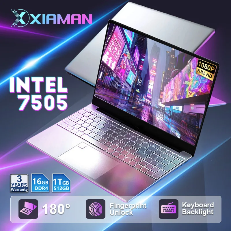Xiaman 15,6 pulgadas ordenador portátil intel Pentium 7505 Windows 11 ordenadores portátiles de doble núcleo PC desbloqueo de huellas dactilares Gamer Notebook