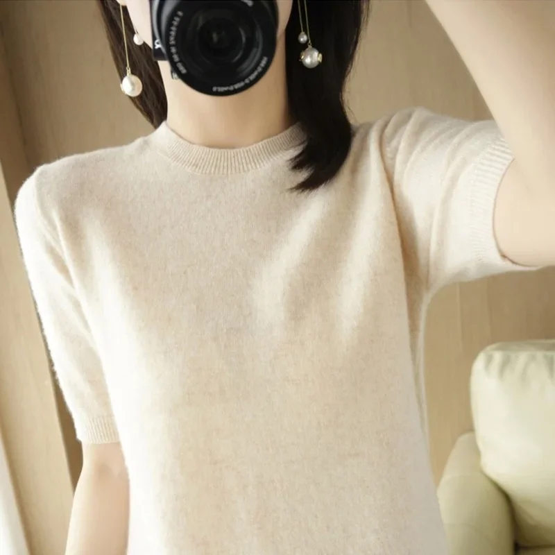 2024 ฤดูใบไม้ผลิฤดูร้อนผู้หญิงเสื้อกันหนาวแขนสั้น O-คอ SLIM FIT ถัก Pullovers Bottoming Casual เสื้อถัก CAMEL เสื้อผ้าสีชมพู