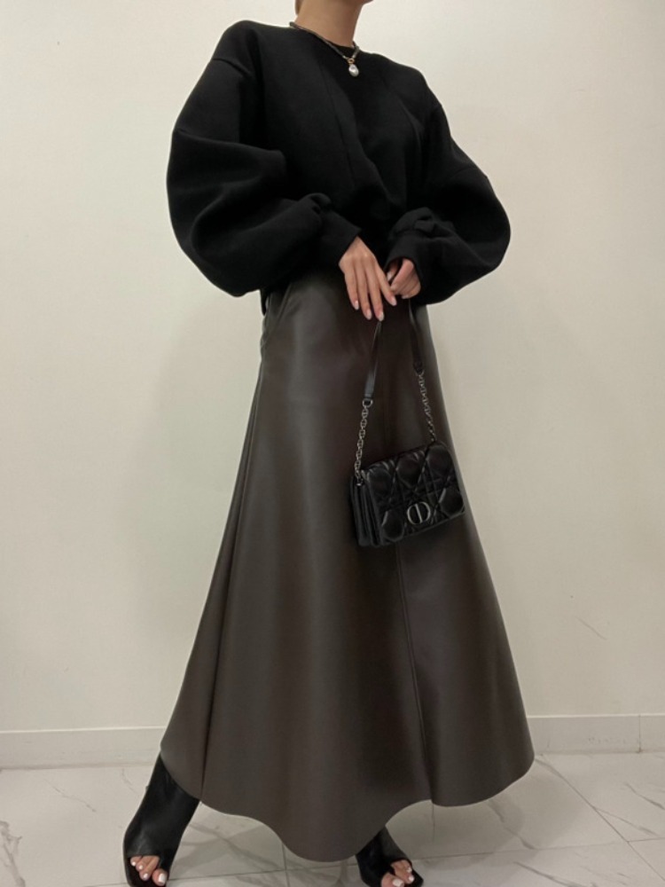 シックなハイウエスト A ラインロングスカート Pu レザー痩身半身スイングスカート女性のための通勤ピュアカラー秋のファッション