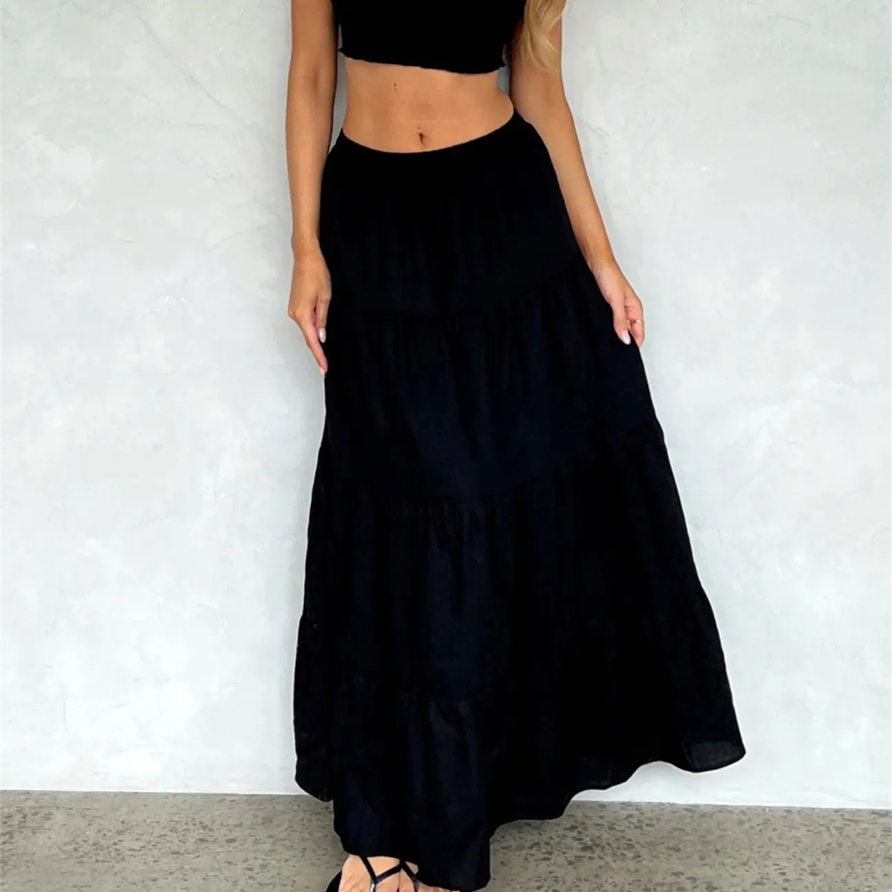Falda larga bohemia para mujer Y2k, falda larga plisada con volantes y cintura alta elástica, falda informal escalonada de pradera fluida Aline